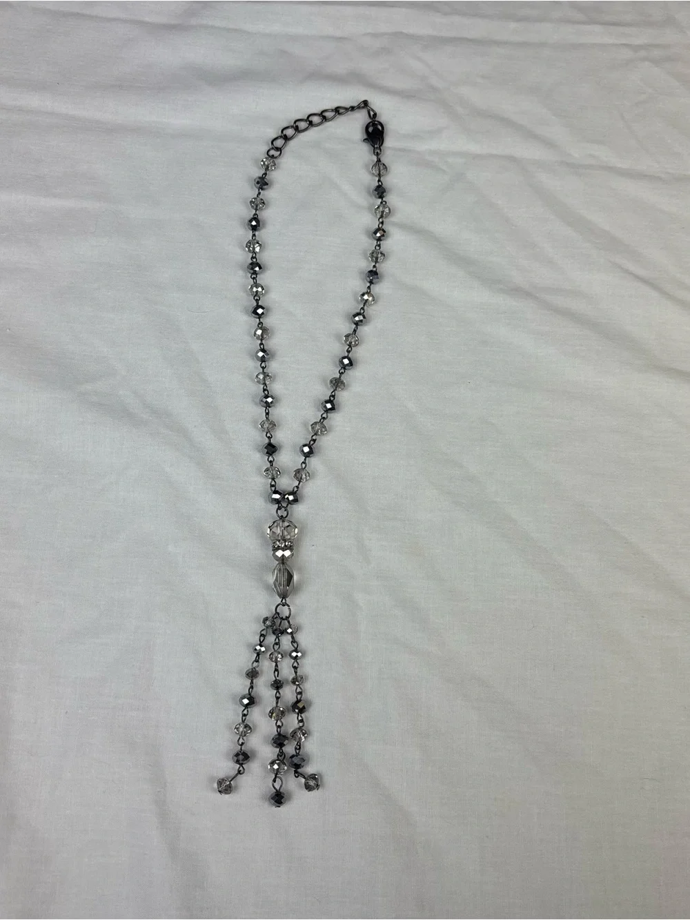 Crystal Bead Tassel Necklace - Silver-Tone